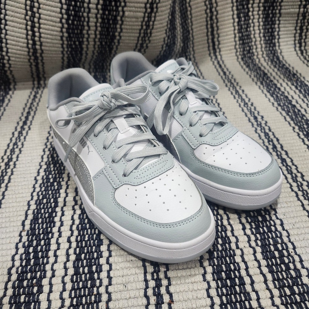 Puma Caven Glitz Kids Sneakers White Light Blue Silver Glitter Low Top Shoes 6.5